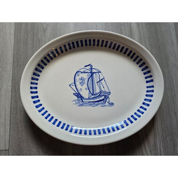 Vintage Syracuse China Blue Ship Motif Oval Ceramic Plater - Picture 1 of 5